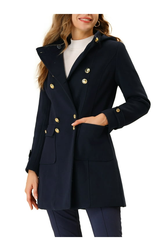 Women's Stand Collar Hooded Double Breasted Winter Long Overcoat XS Navy Blue