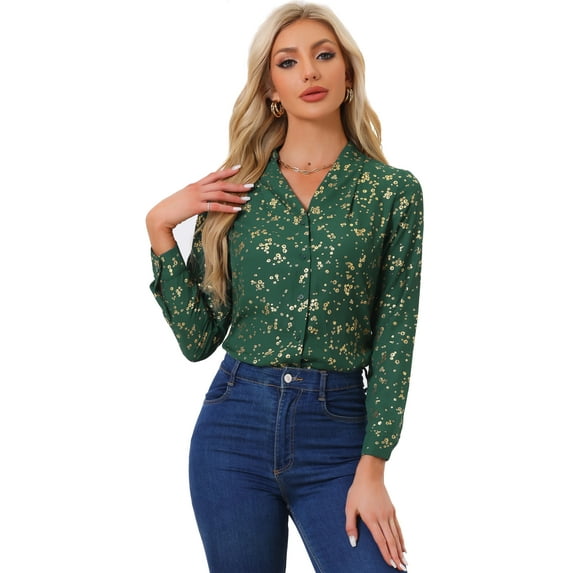 Unique Bargains Women's Stand Collar Metallic Dots Stars Blouse Top XL Green-Floral