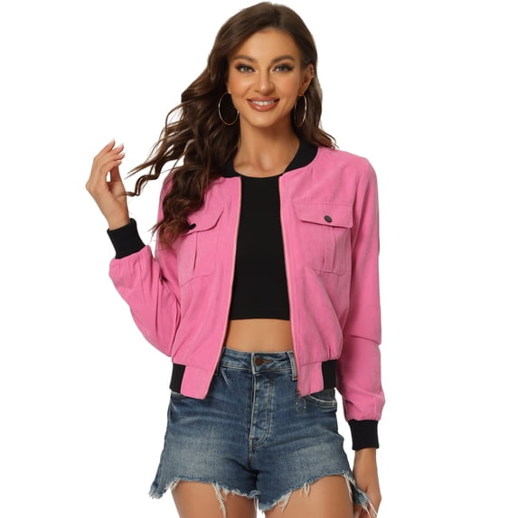 Unique Bargains Women's Stand Collar Zip Up Flap Pocket Long Sleeve Bomber Jacket S Hot Pink