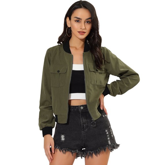 Unique Bargains Women's Stand Collar Zip Up Flap Pocket Long Sleeve Bomber Jacket XL Olive Green