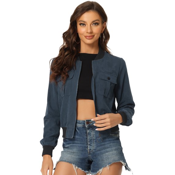 Unique Bargains Women's Stand Collar Zip Up Flap Pocket Long Sleeve Bomber Jacket XS Navy Blue
