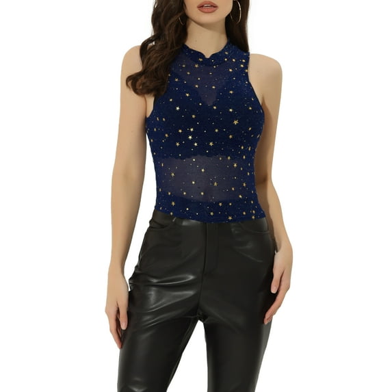 Unique Bargains Women's Star Mesh Crop Mock Neck Sleeveless See Through Tank Top M Blue