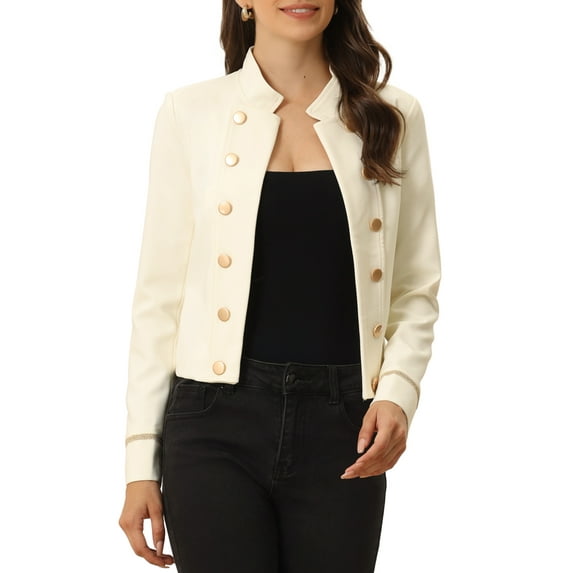 Unique Bargains Women's Steampunk Open Front Button Decor Casual Jackets M Beige