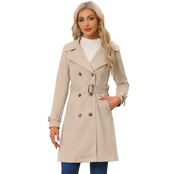 Unique Bargains Women's Strap Cuff Solid Double Breasted Tie Belt Trench Coats M Apricot Pink