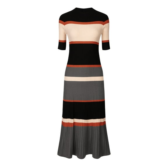 Unique Bargains Women's Striped Short Sleeve A-Line Midi Dresses S Orange
