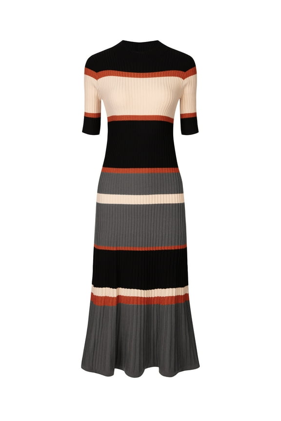 Women's Striped Short Sleeve A-Line Midi Dresses XL Orange