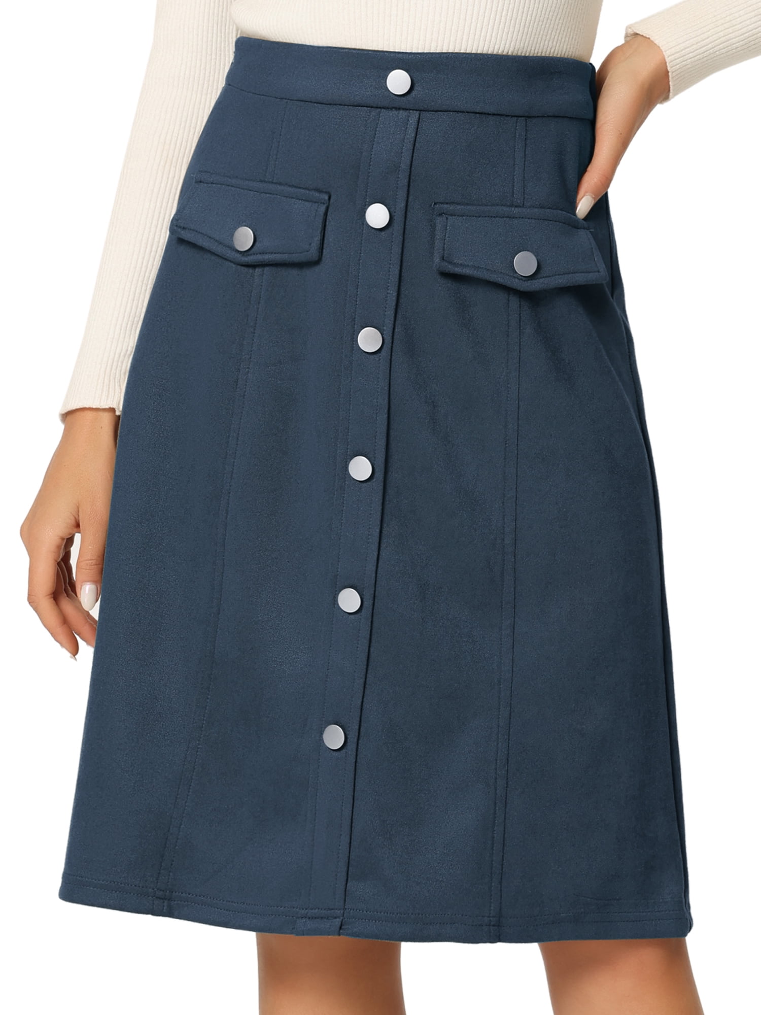 Unique Bargains Women's Suede Button Front Pockets Decor A-Line Skirts L Dark Blue