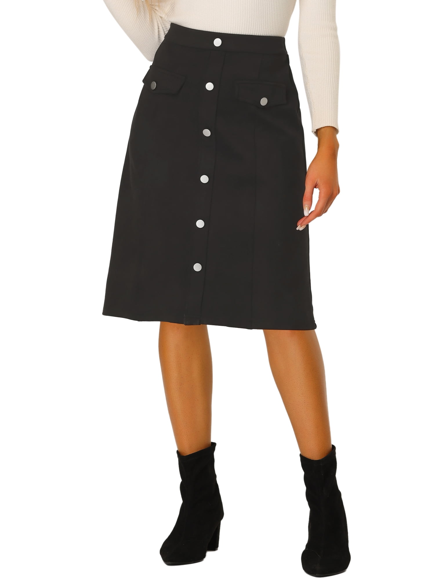 Unique Bargains Women's Suede Button Front Pockets Decor A-Line Skirts M Black