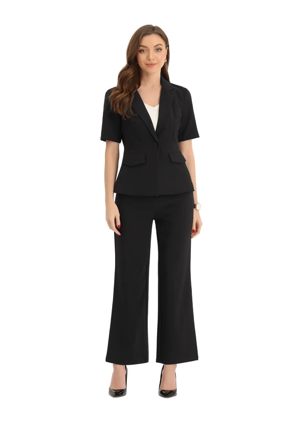 Women's One Button Blazer 2 Pcs Outfits Jacket Suit Pants M Black