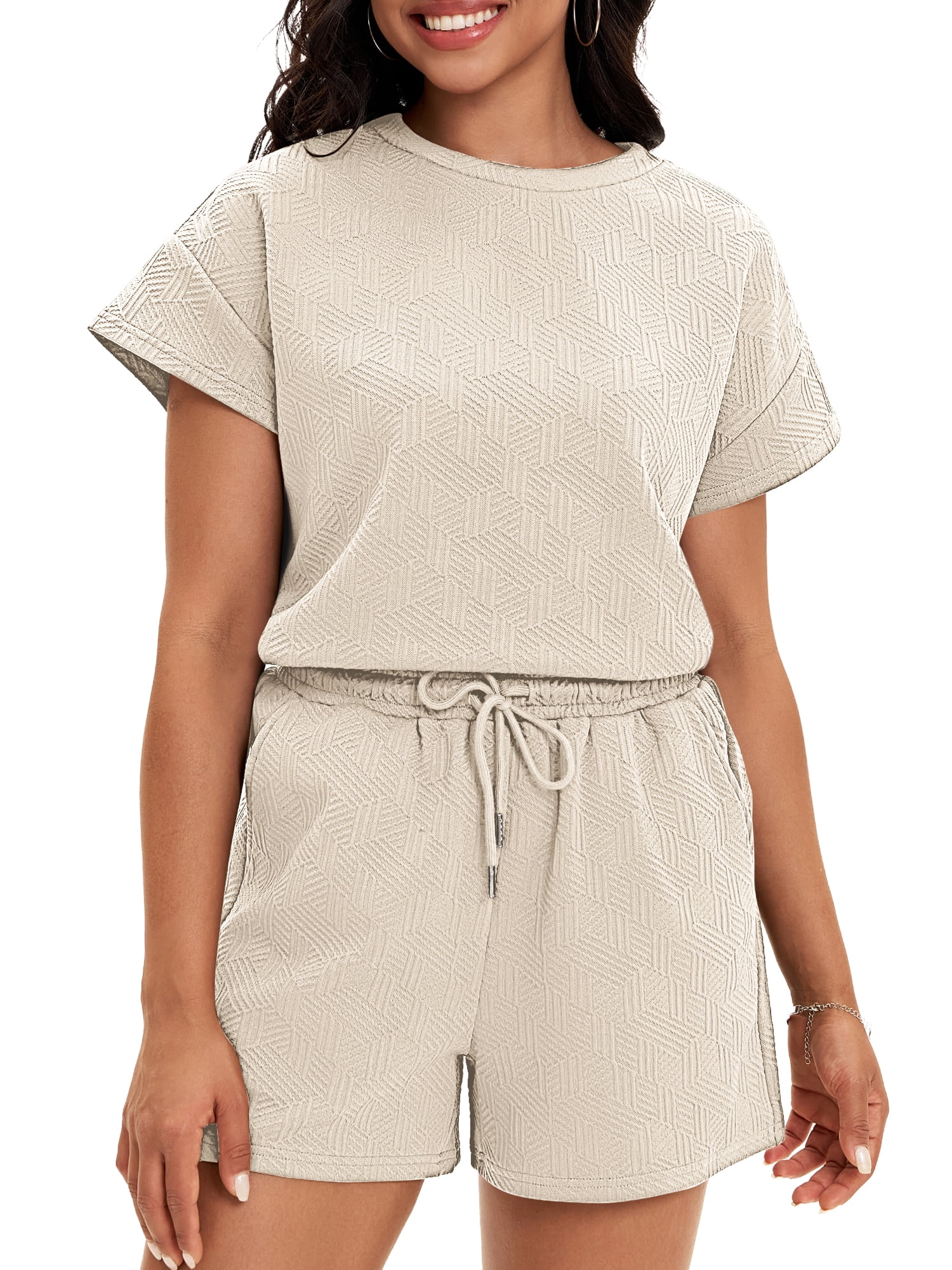 DARING DIVA Women's Summer 2 Pieces Outfits Short Sleeve Tops Shorts L Khaki