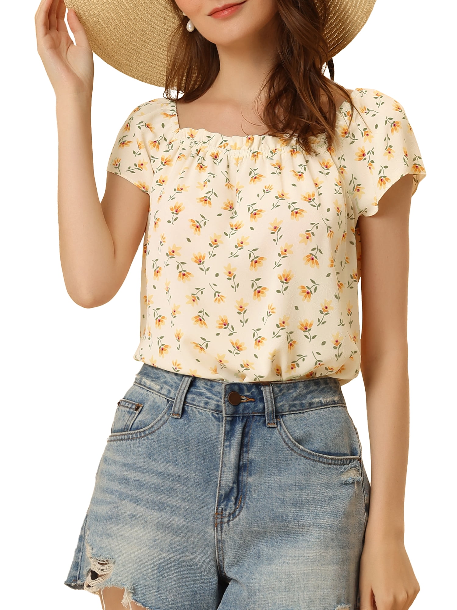Unique Bargains Women's Summer Floral Printed Cap Sleeve Tops