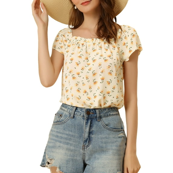 Unique Bargains Women's Summer Floral Printed Cap Sleeve Tops