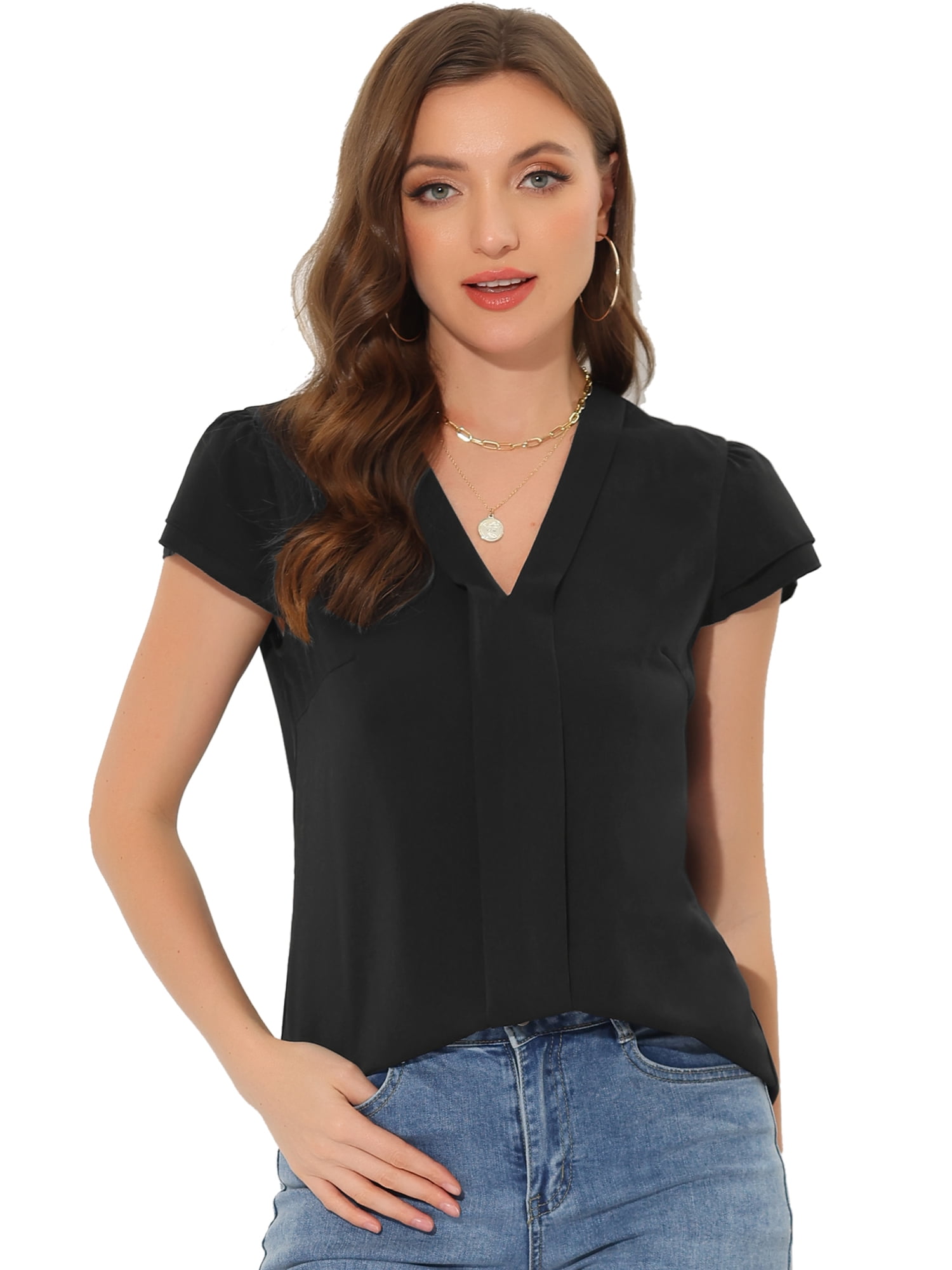 Unique Bargains Women's Summer Office Tops V-Neck Solid Color Chiffon Blouse M Black