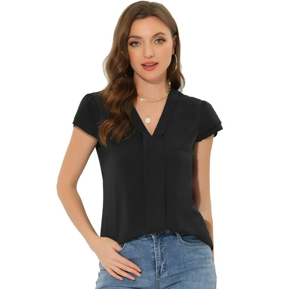 Unique Bargains Women's Summer Office Tops V-Neck Solid Color Chiffon Blouse XS Black