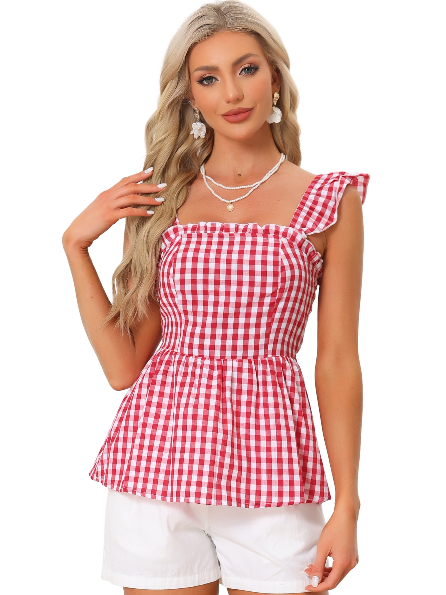 DARING DIVA Women's Gingham Peplum Square Neck Sleeveless Plaid Blouse M Red