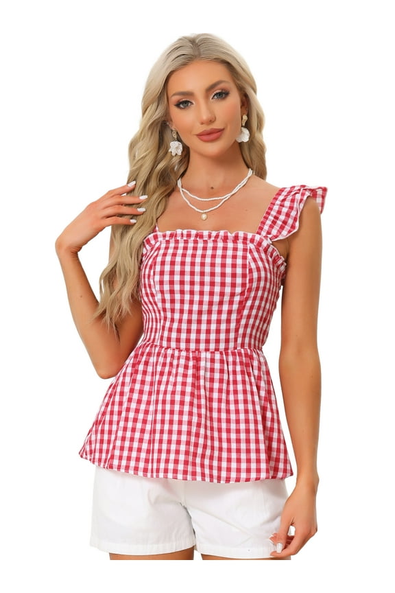 Women's Summer Square Neck Gingham Peplum Sleeveless Plaid Blouse S Red