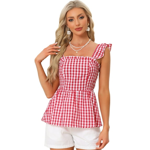 Unique Bargains Women's Summer Square Neck Gingham Peplum Sleeveless Plaid Blouse XL Red