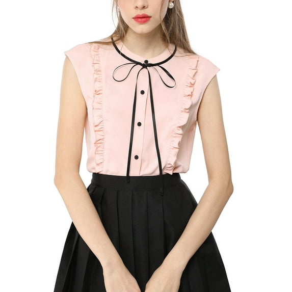 Unique Bargains Women's Summer Tie Neck Sleeveless Ruffle Chiffon Shirt L Pink