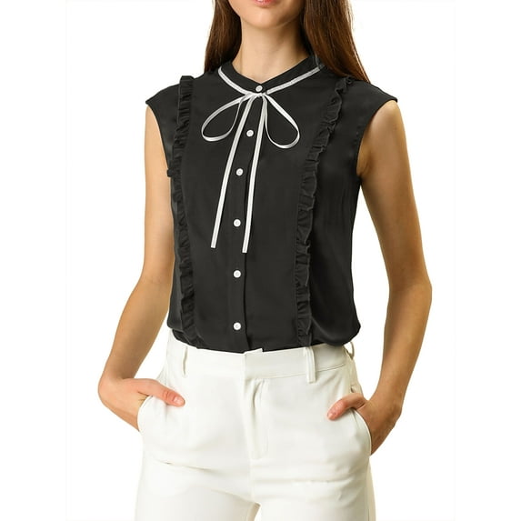 Unique Bargains Women's Summer Tie Neck Sleeveless Ruffle Chiffon Shirt M Black