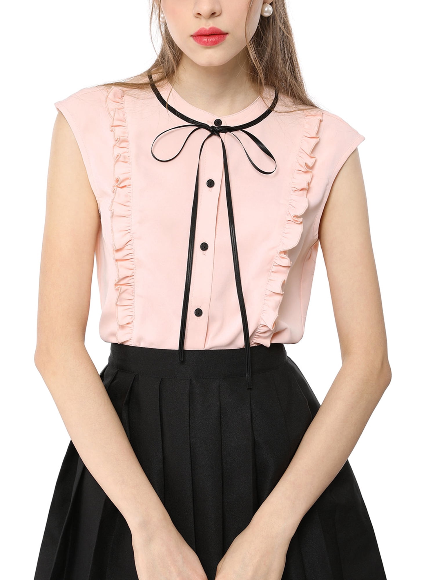 Unique Bargains Women's Summer Tie Neck Sleeveless Ruffle Chiffon Shirt M Pink