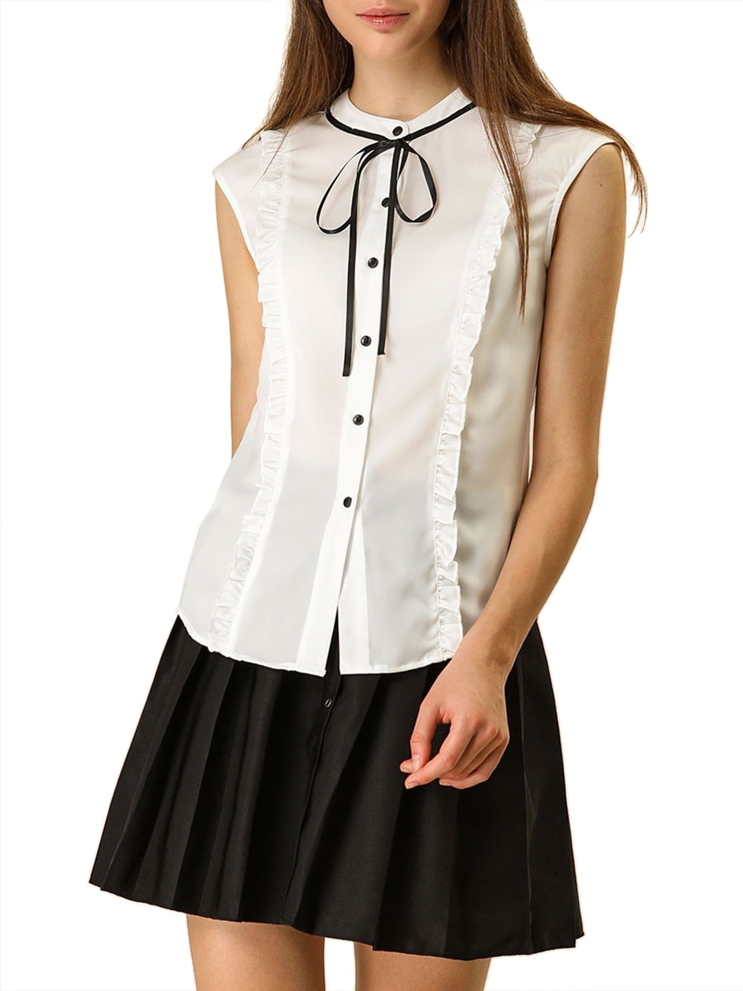 Unique Bargains Women's Summer Tie Neck Sleeveless Ruffle Chiffon Shirt M White