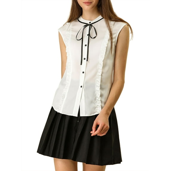 Unique Bargains Women's Summer Tie Neck Sleeveless Ruffle Chiffon Shirt XL White