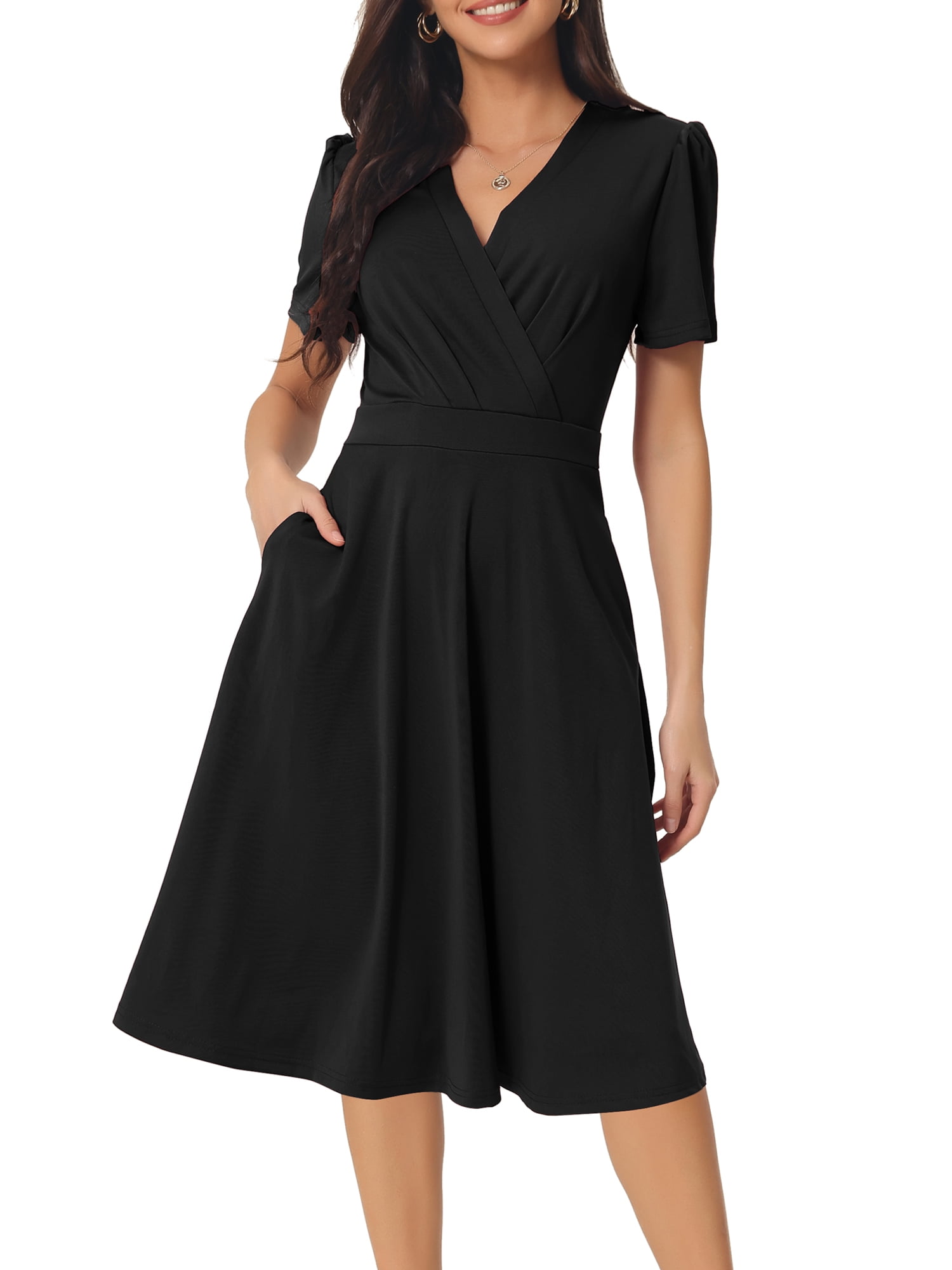 Unique Bargains Women's Summer Wrap V Neck Puff Short Sleeve Midi Swing Dress XL Black