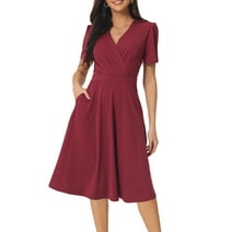 Unique Bargains Women's Summer Wrap V Neck Puff Short Sleeve Midi Swing Dress with Pockets XL Wine Red