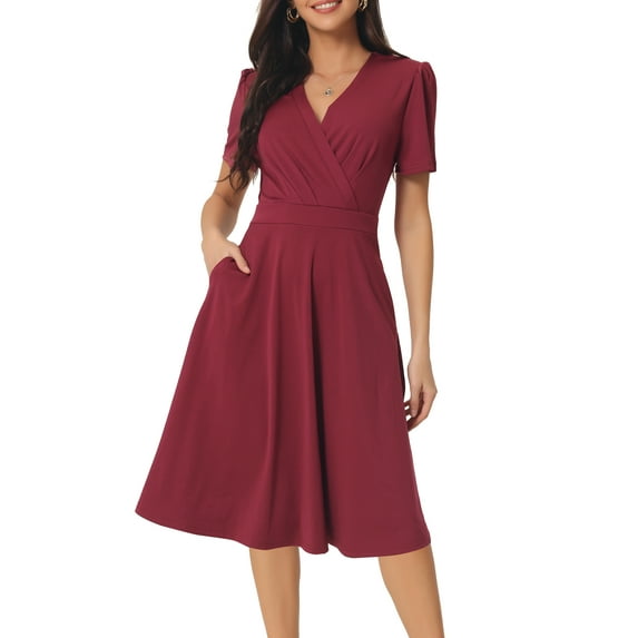 Unique Bargains Women's Summer Wrap V Neck Puff Short Sleeve Midi Swing Dress XL Wine Red