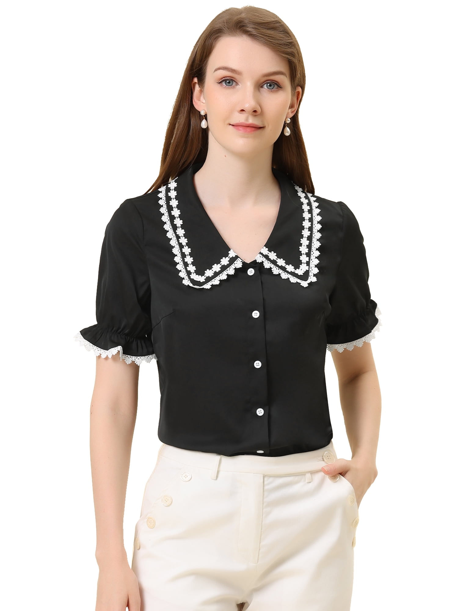 Unique Bargains Women's Sweet Peter Pan Contrast Collar Short Sleeves Blouse Black S