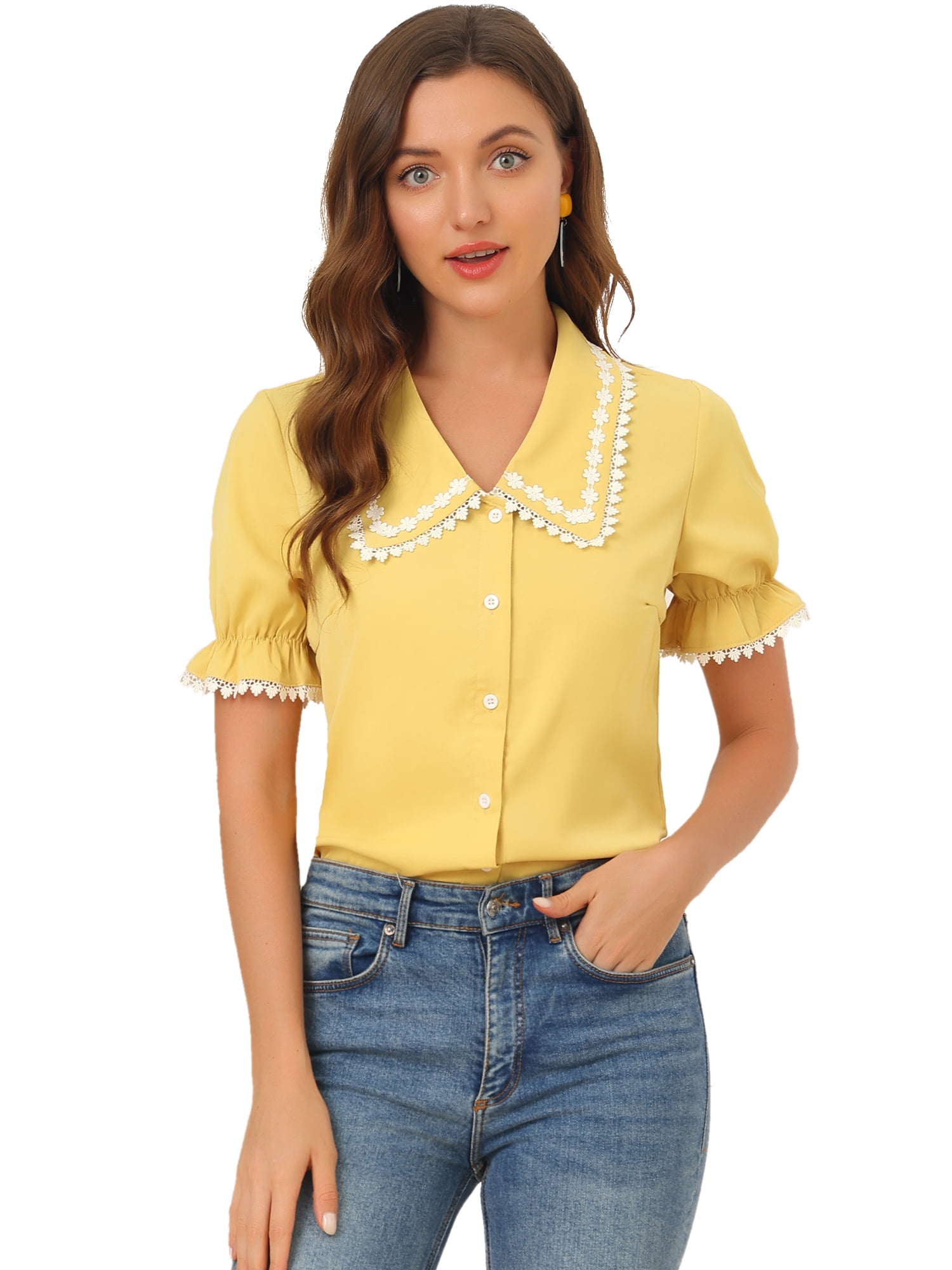 Unique Bargains Women's Sweet Peter Pan Contrast Collar Short Sleeves Blouse Yellow XL