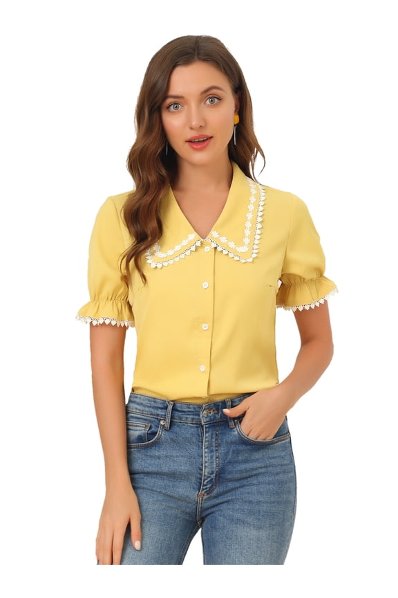 Women's Sweet Peter Pan Contrast Collar Short Sleeves Blouse Yellow XL