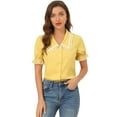 thumbnail image 1 of Unique Bargains Women's Sweet Peter Pan Contrast Collar Short Sleeves Blouse Yellow S, 1 of 6