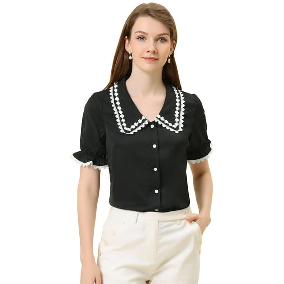 Unique Bargains Women's Sweet Peter Pan Contrast Collar Short Sleeves Blouse Black S