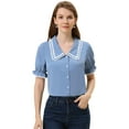 thumbnail image 1 of Unique Bargains Women's Sweet Peter Pan Contrast Collar Short Sleeves Blouse Grey Blue S, 1 of 5