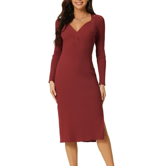 Unique Bargains Women's Sweetheart Neck Knit Side Slit Twist Front Midi Sweater Dress M Wine Red