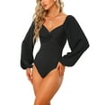 thumbnail image 1 of Unique Bargains Women's Sweetheart Puff Sleeve Long Sleeve T Shirts Tops Bodysuits Black S, 1 of 6