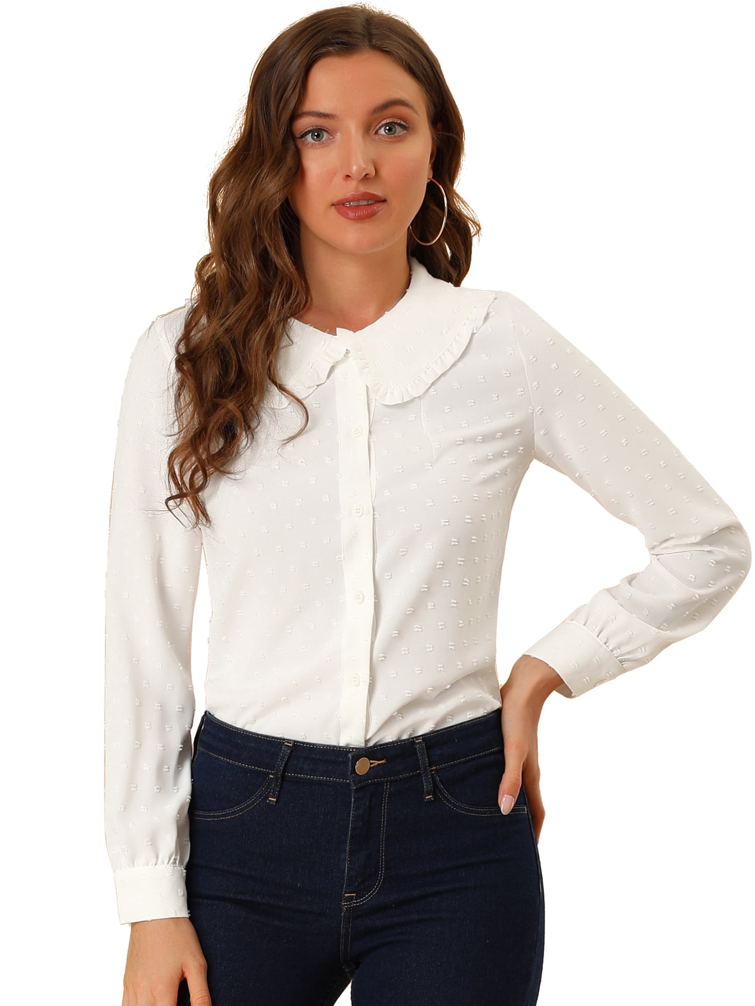 Unique Bargains Women's Swiss Dots Long Sleeves Peter Pan Collar Blouse L White