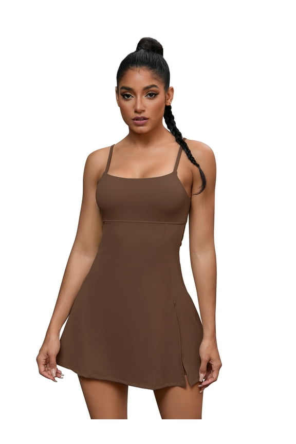Women's Tennis Dress with Built-in Bra Side Slit Slips Dresses L Brown