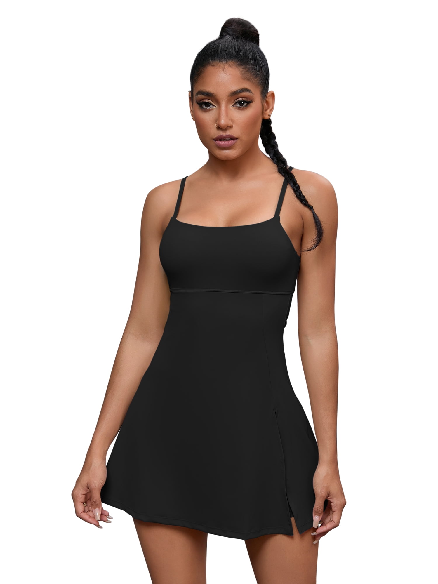 Unique Bargains Women's Tennis Dress with Built-in Bra Side Slit Slips Dresses M Black