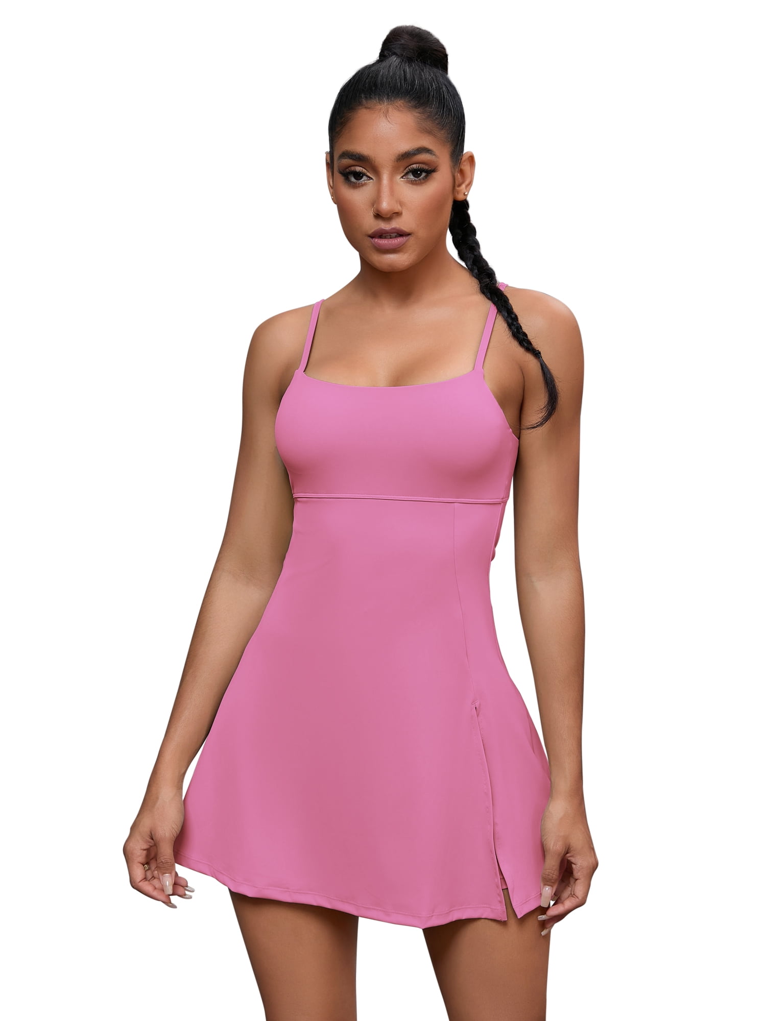 Unique Bargains Women's Tennis Dress with Built-in Bra Side Slit Slips Dresses M Pink