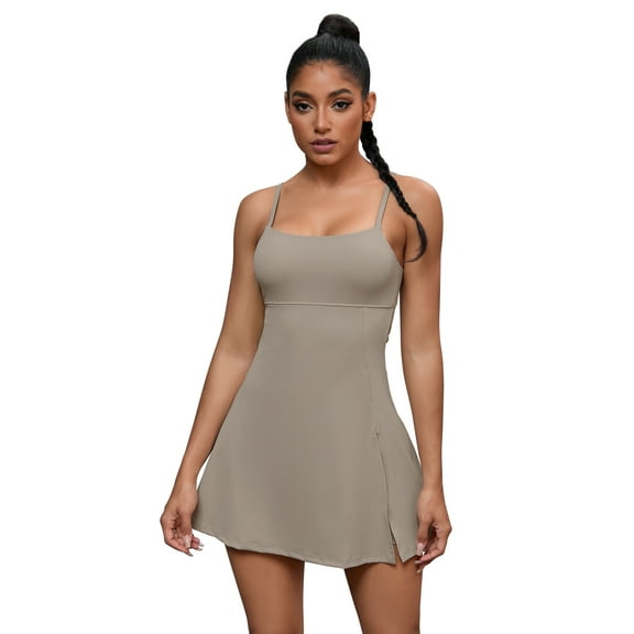 Unique Bargains Women's Tennis Dress with Built-in Bra Side Slit Slips Dresses S Beige