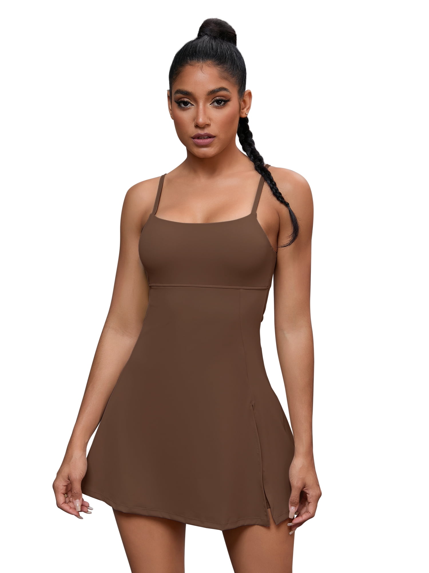 Unique Bargains Women's Tennis Dress with Built-in Bra Side Slit Slips Dresses S Brown