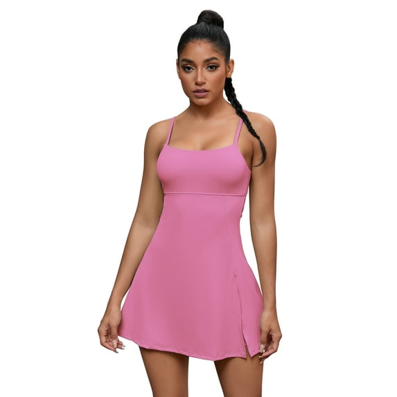 Unique Bargains Women's Tennis Dress with Built-in Bra Side Slit Slips Dresses S Pink