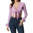 thumbnail image 1 of Women's Long Sleeve Shrug Tie Front Elegant V Neck Faux Feather Cuff Crop Tops Cardigans XS Purple, 1 of 6
