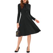 Allegra K Women's Work Sheath Tie Neck Knit Long Sleeve Midi Dress Black X-Large
