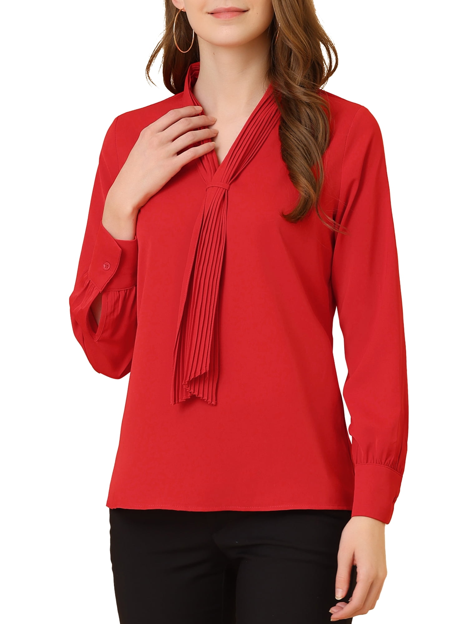Unique Bargains Women's Tie-Neck Long Sleeve Work Office Blouse Pleated Top  Shirt