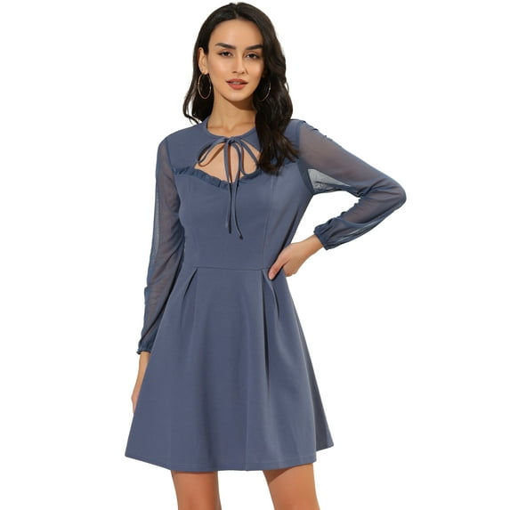 Unique Bargains Women's Tie Neck Ruffled Mesh Long Sleeve Mini Dress M Blue Grey