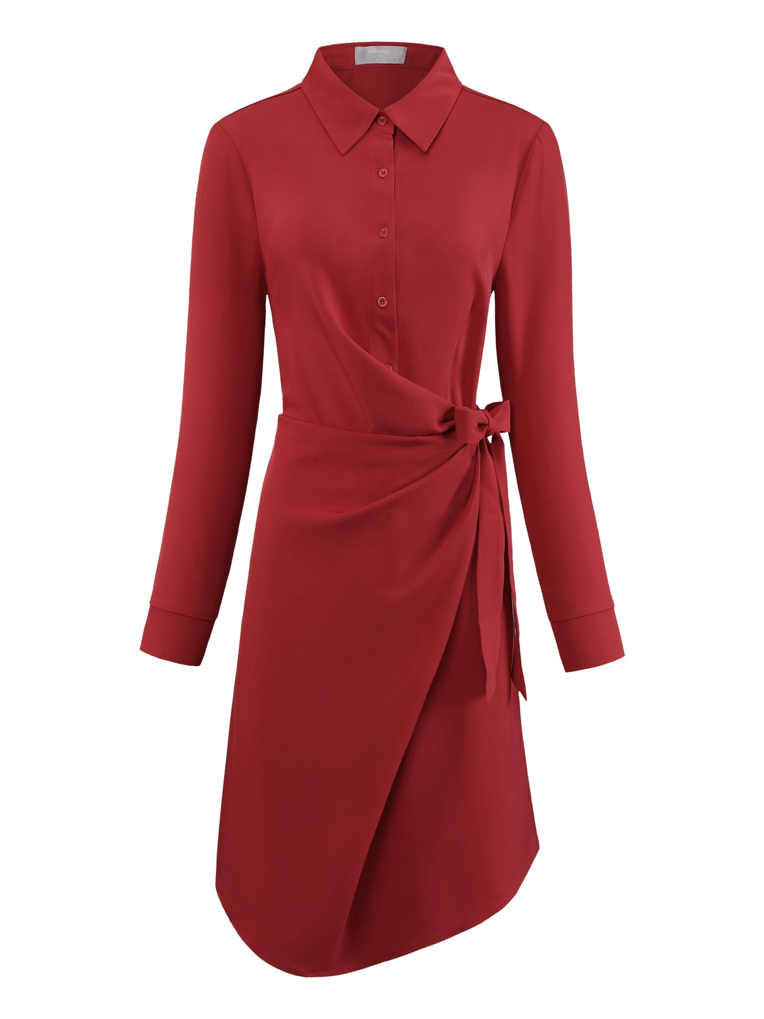 Unique Bargains Women's Tie Waist Shirt Dress Long Sleeve Work A-Line Dresses XL Red
