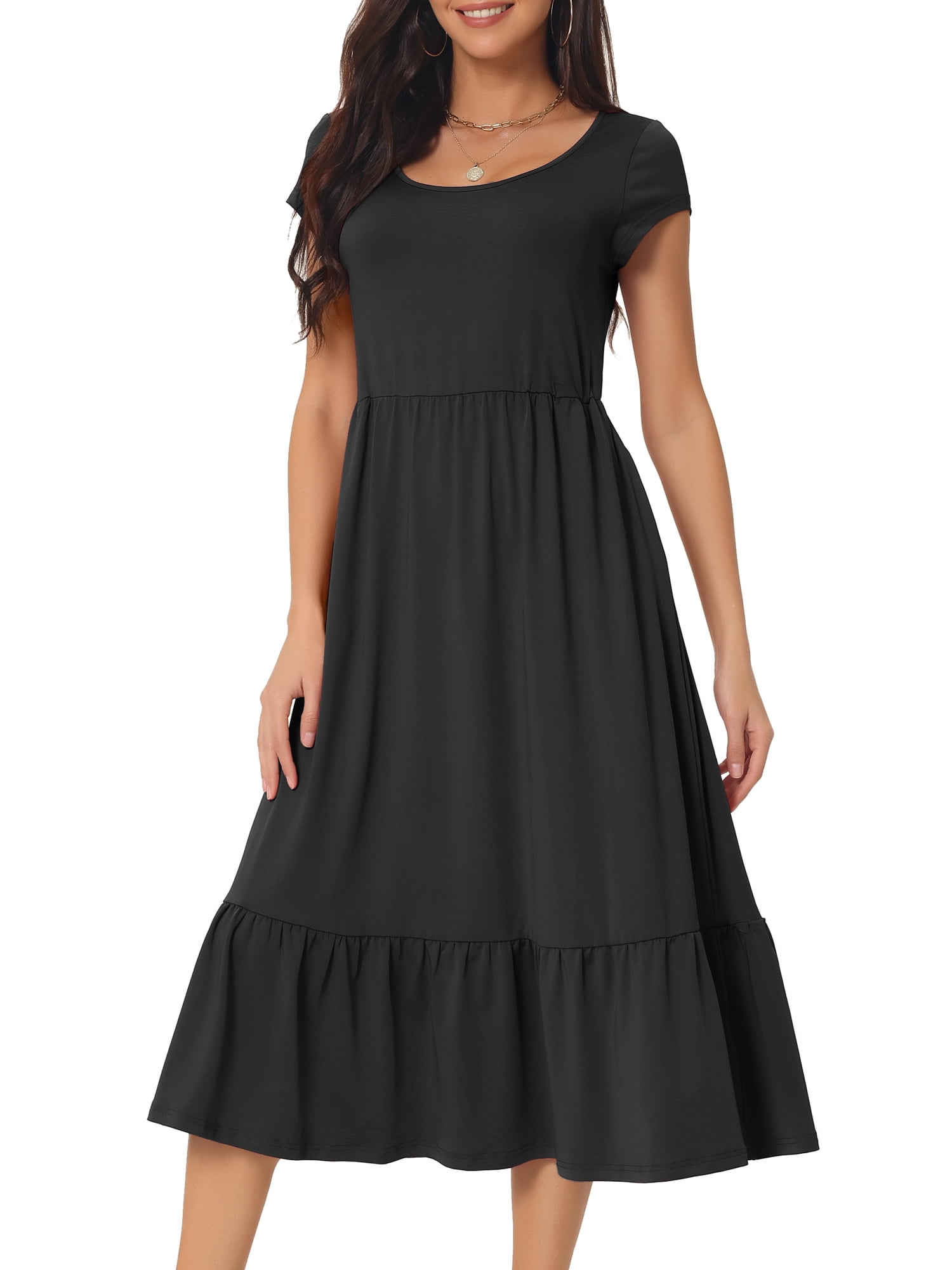 Unique Bargains Women's Tiered Round Neck Ruffle Hem Short Cap Sleeve Knit Midi Dress S Black